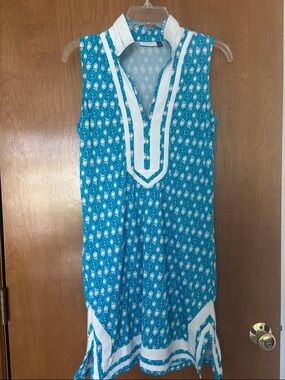 Cabana Life Teal and White Floral-Geo Sleeveless Tunic dress